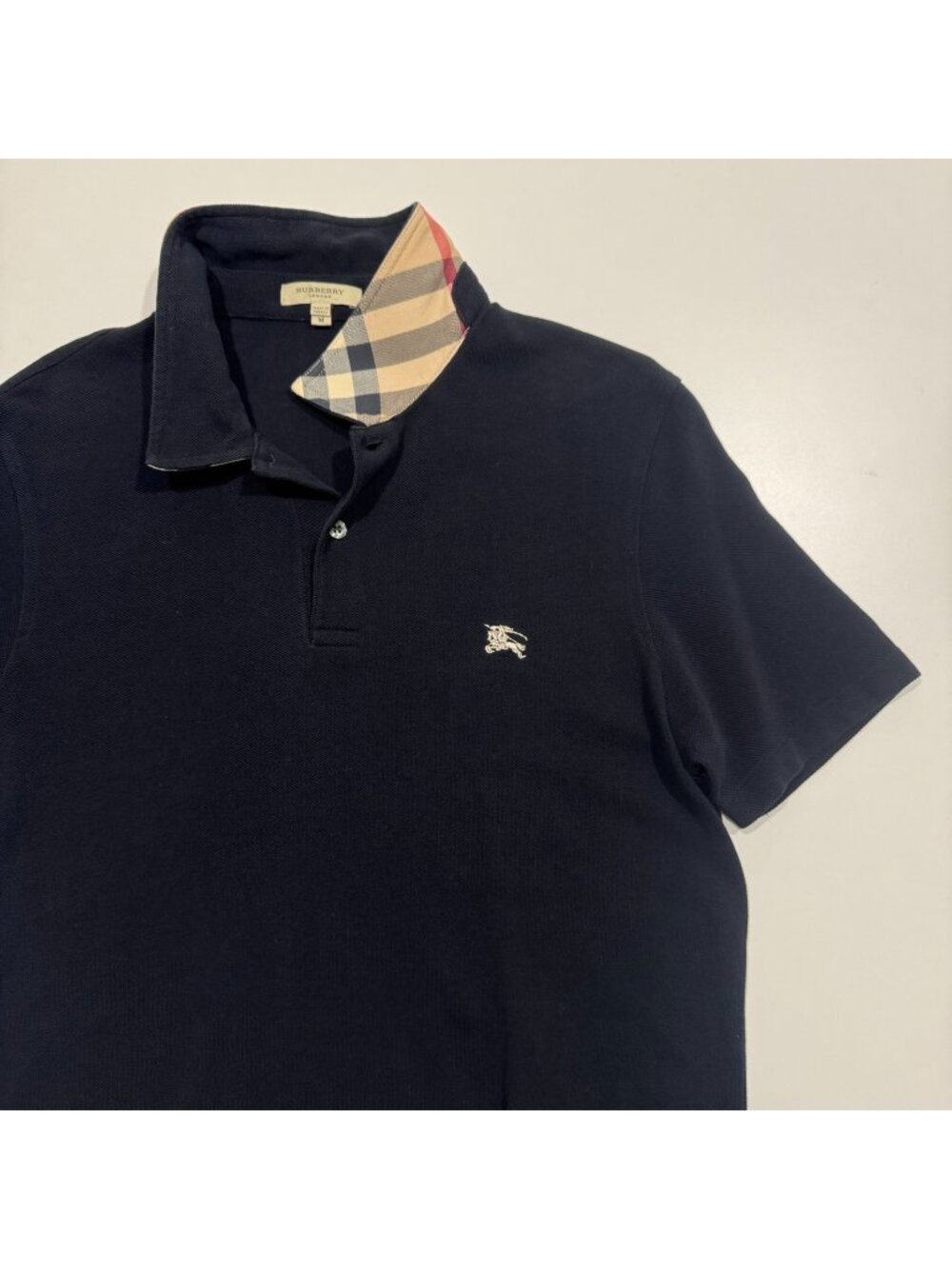 Burberry London Nova Check Collar Pique Cotton Short Sleeve Polo Shirt M Navy